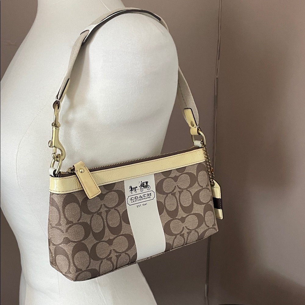 Coach Brown Signature Canvas Shoulder Bag with Cream Stripe